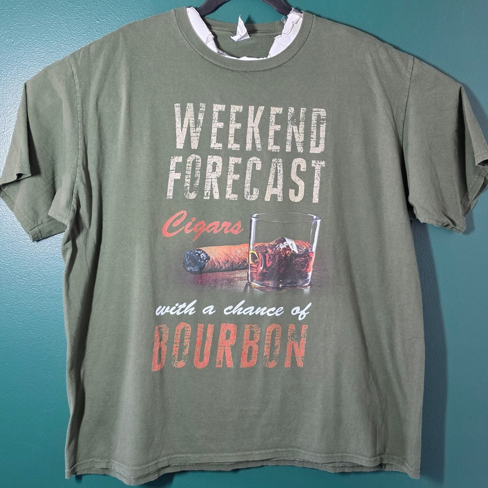 Port & Company Mens XL Olive Green Weekend Forecast Cigars Bourbon Graphic Tee